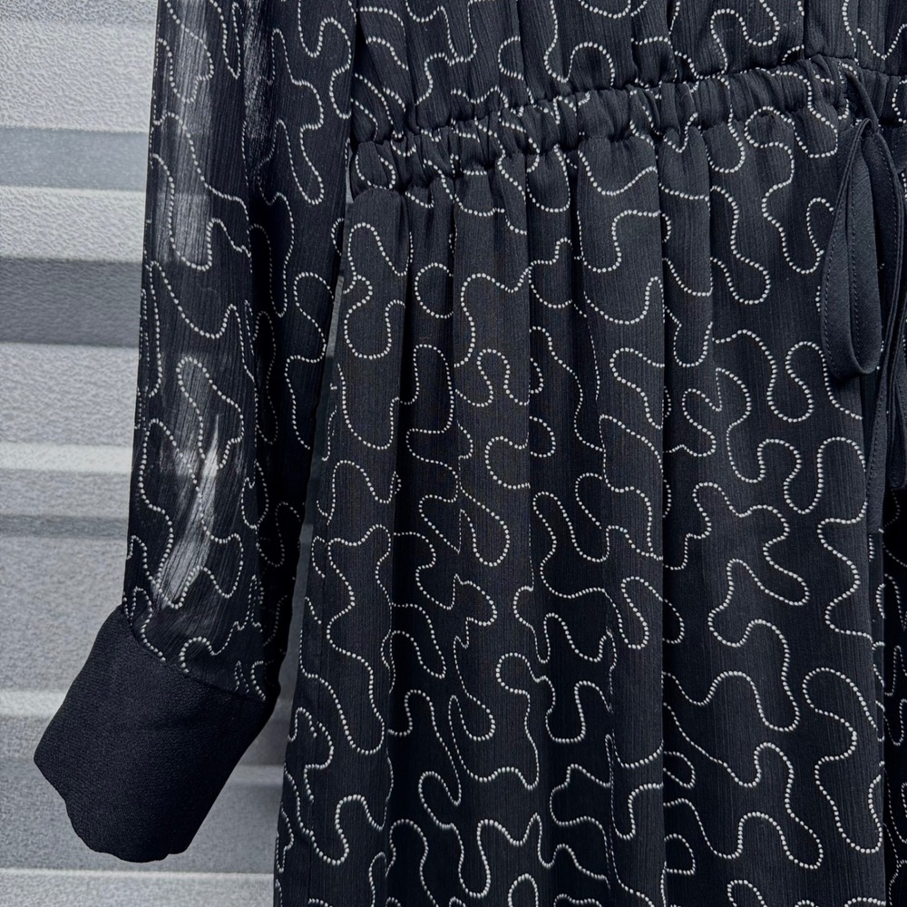 Club Monaco Black Abstract Print Chiffon Long Sleeve Drawstring Dress Size 6 - Picture 1 of 12